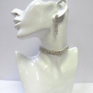 Silver Clear Rhinestone Crystal Choker Necklace & Earrings Set Prom Wedding NEW